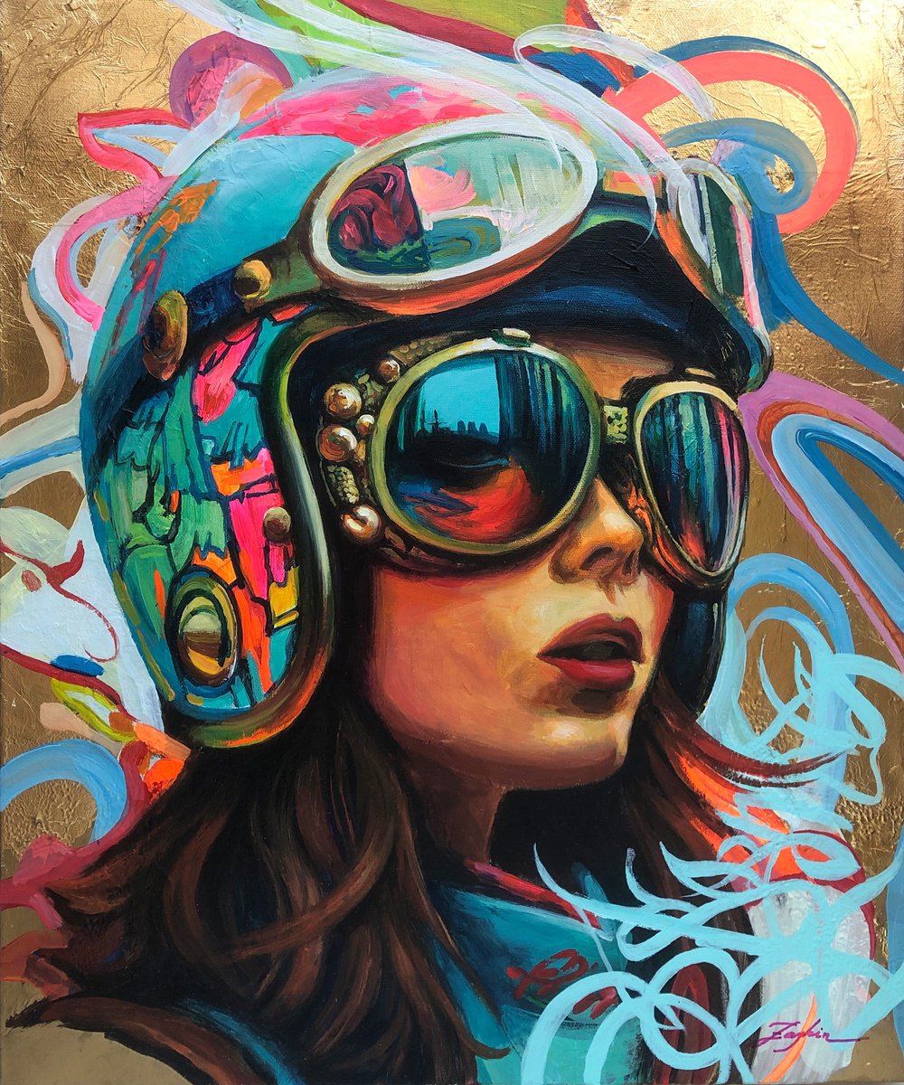Urban And Pop Still Life Oil Painting By Viacheslav Zaykin, 18 X 22", Graffiti Helmet Girl Gold Lea, Original Artwork