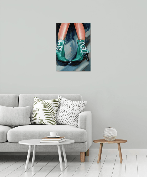 EXIT - oil painting on canvas original gift feminism green boots woman legs nude erotics original gift home decor pop art office interior