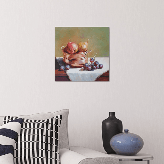 "Still life with grapes and pears in a small old French saucepan." still life grapes pears summer  liGHt original painting  GIFT (2020)