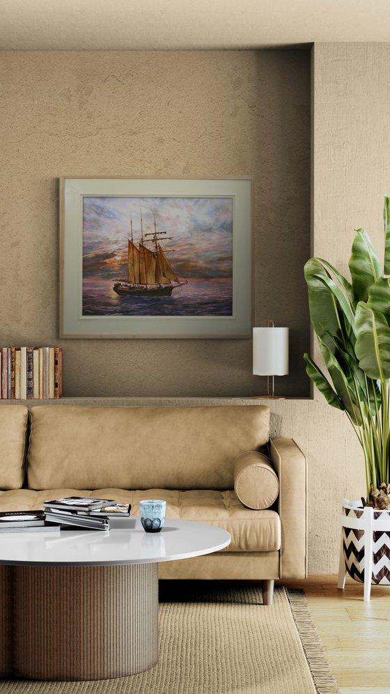 A TOP SAIL SCHOONER, LIGHT WINDS & UNDER AN EVENING SKY