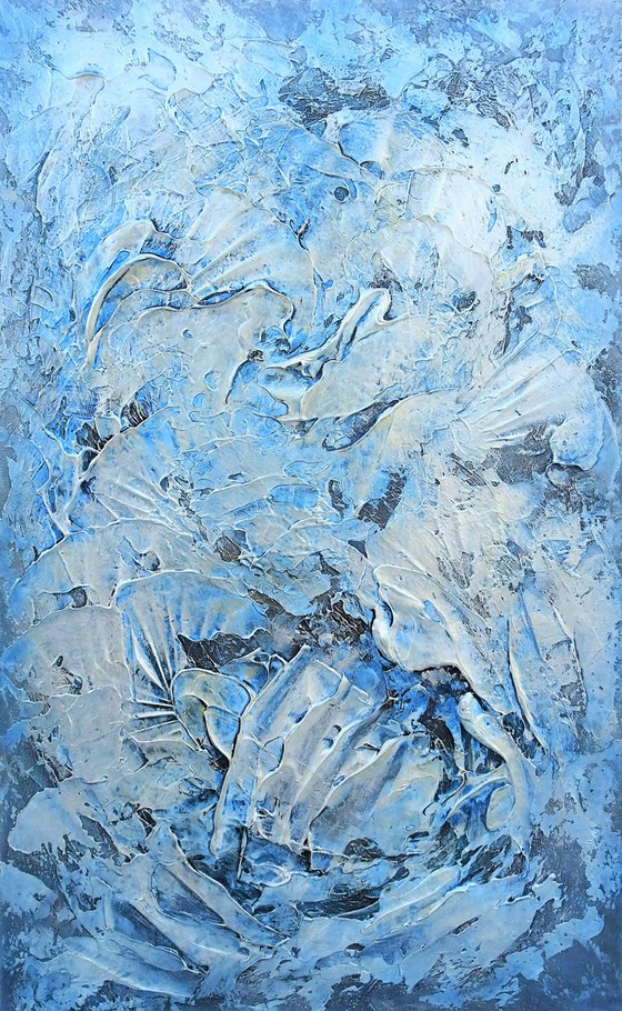 SILVER WAVES. Large Abstract Vertical Blue Silver Textured Painting