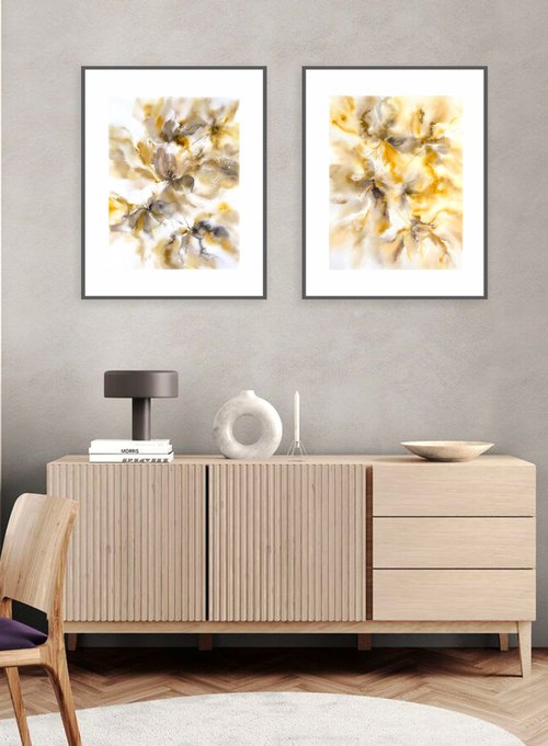 Diptych with abstract flowers in beige colors. by Olga Grigo