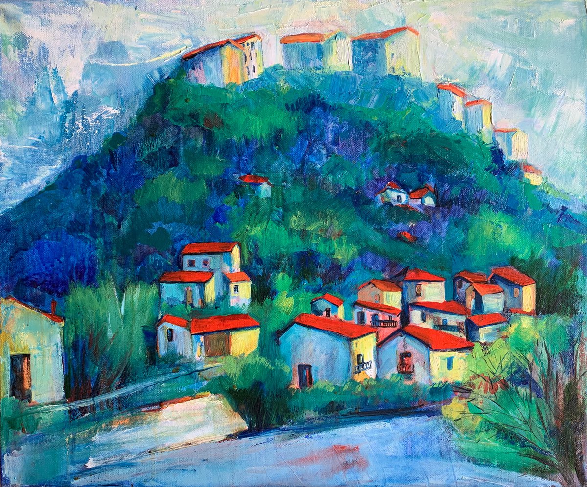 Impressionistic Landscape Oil Painting By Olga Pascari, 24 X 20", Blue Landscape, Original Artwork