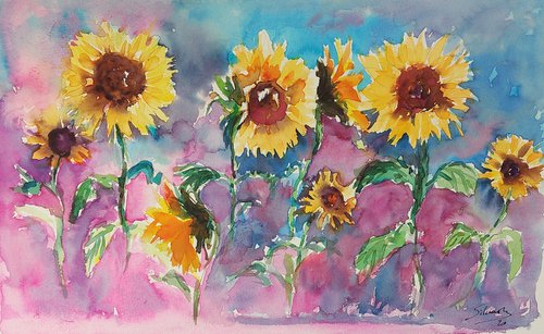 Sunflowers on pink by Silvia Flores Vitiello