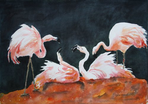Flamingos / FROM THE ANIMAL PORTRAITS SERIES / ORIGINAL WATERCOLOR PAINTING by Salana Art Gallery