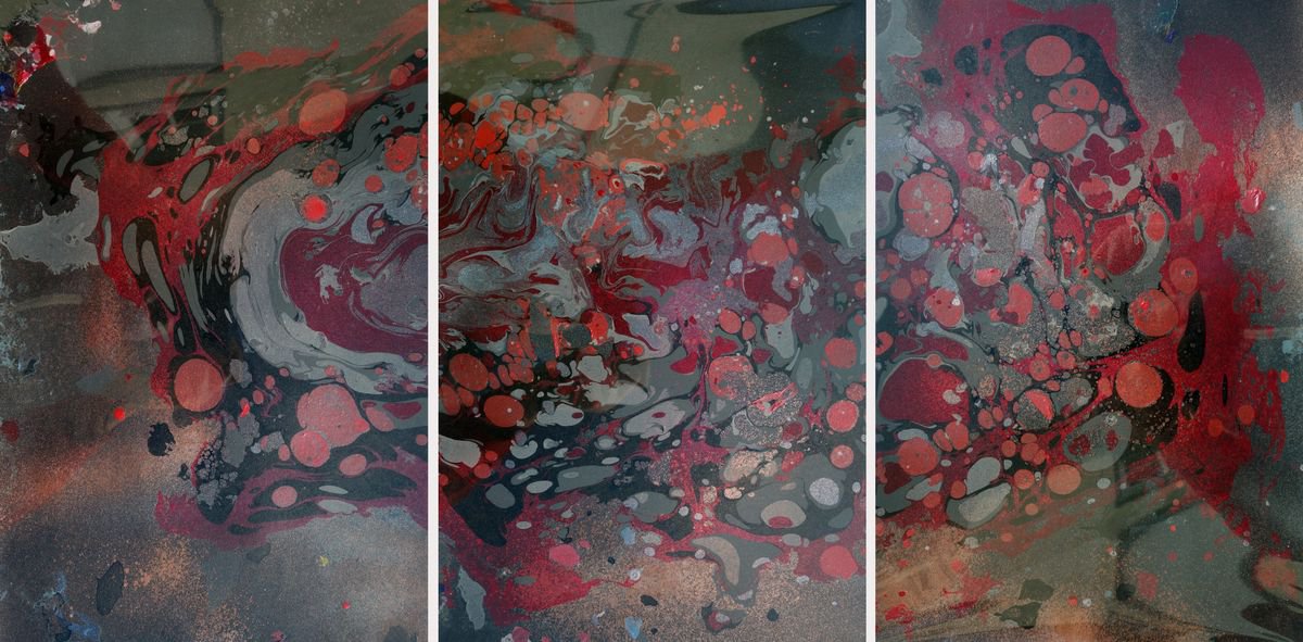 Set of 3 Fluid abstract original paintings on carton - 18J035 by Kuebler