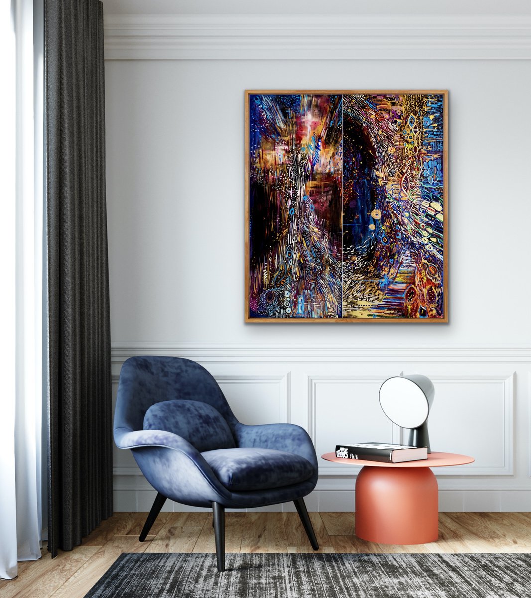 Surrealistic Abstract Acrylic Painting By Mari Skakun, 35 X 41", Inner Cosmic, Diptych, Original Artwork