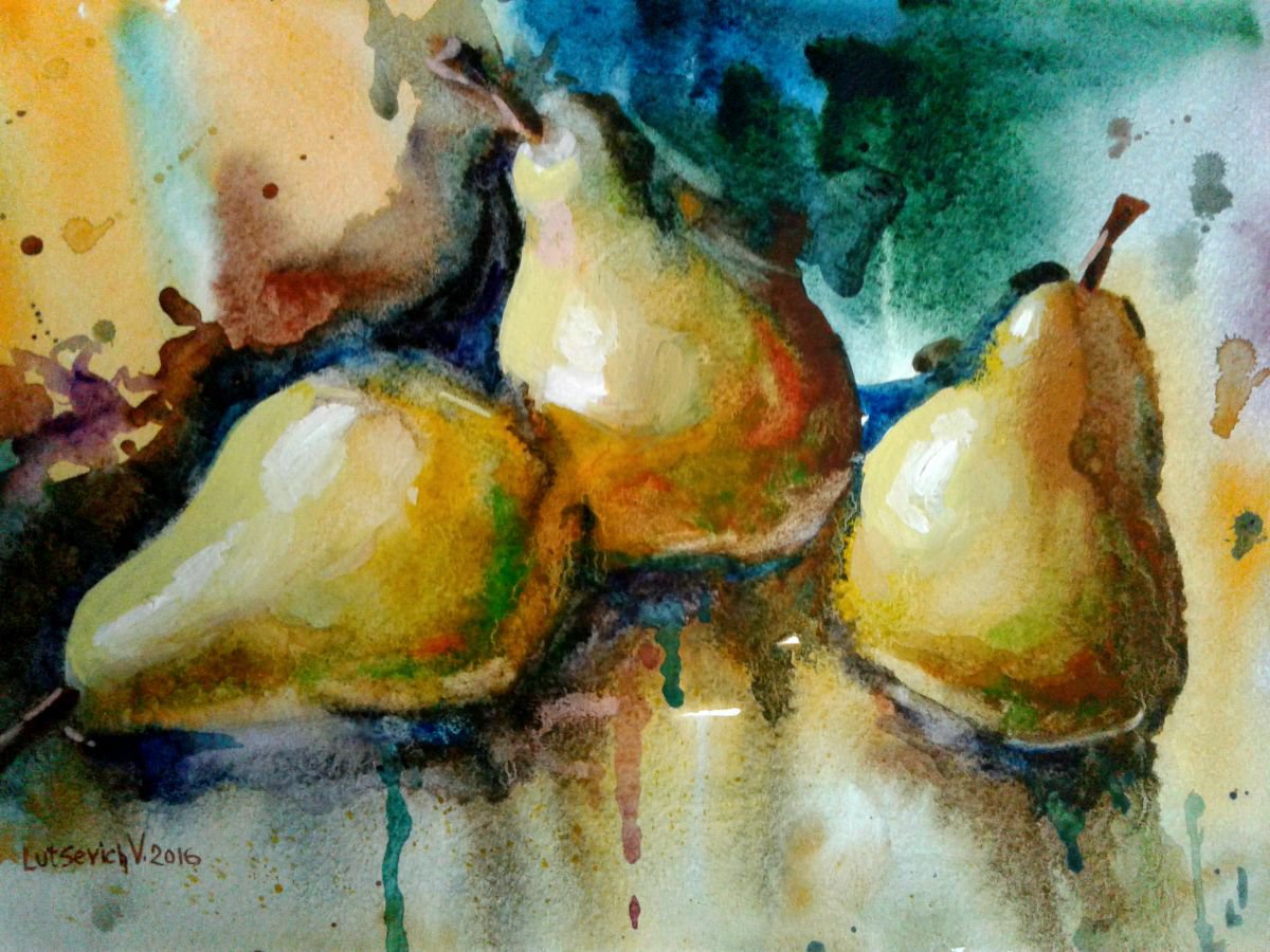 Pears on abstract background by Vladimir Lutsevich