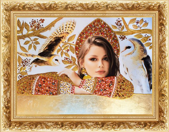 Custom portrait from a photo Queen \ Princess. Art commission. Large painting, mixed media photo collage with precious stones, rhinestones, gold petal