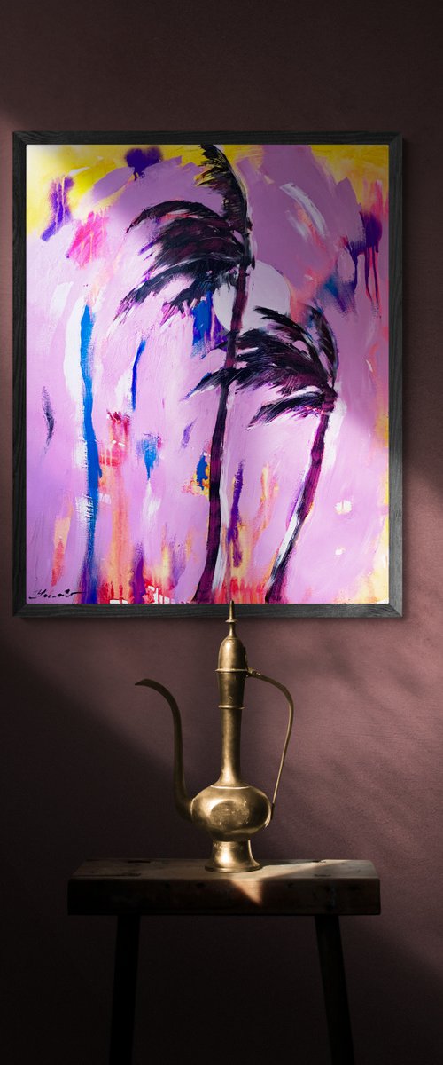 Bright painting - "Pink palms" - Pop Art - 100x80cm - 2021 by Yaroslav Yasenev