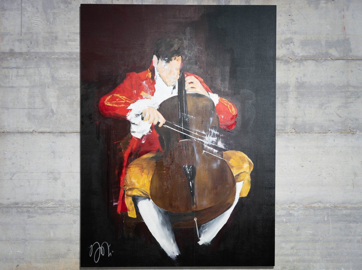 Abstract Portrait Oil Painting By Tomoya Nakano, 34 X 41", The Cellist, Original Artwork