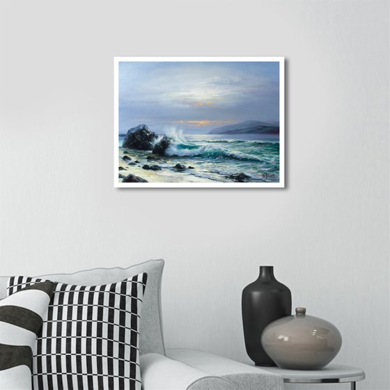 ON THE BEACH by Yaroslav Sobol (Modern Impressionistic Seascape Oil painting Romantic Sea Landscape Water Ocean Beach scene Gift Home Decor Wall art)