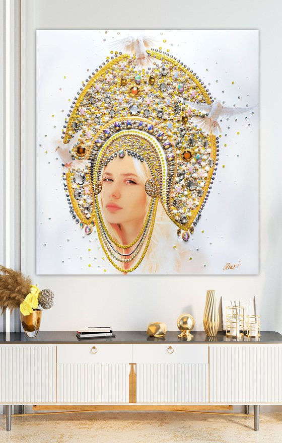 Custom portrait from a photo Queen \ Princess. Art commission. Large painting, mixed media photo collage with precious stones, rhinestones