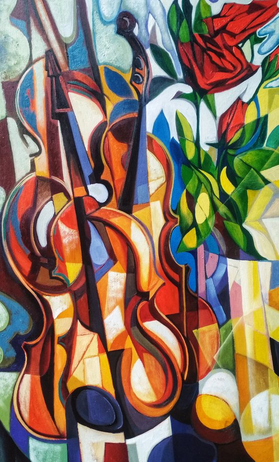 Still life with roses and violin (60x80cm, cubism, oil painting, ready to hang)