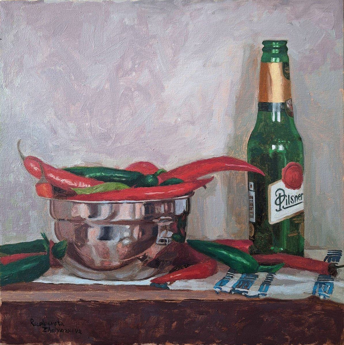 Impressionistic Botanical Oil Painting By Radosveta Zhelyazkova, 14 X 14", A Bottle And Chili Peppers, Original Artwork