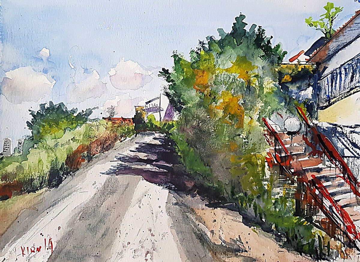 Impressionistic Cityscapes Watercolour By Leonid Kirnus, 12 X 8", Sunny Road, Original Artwork