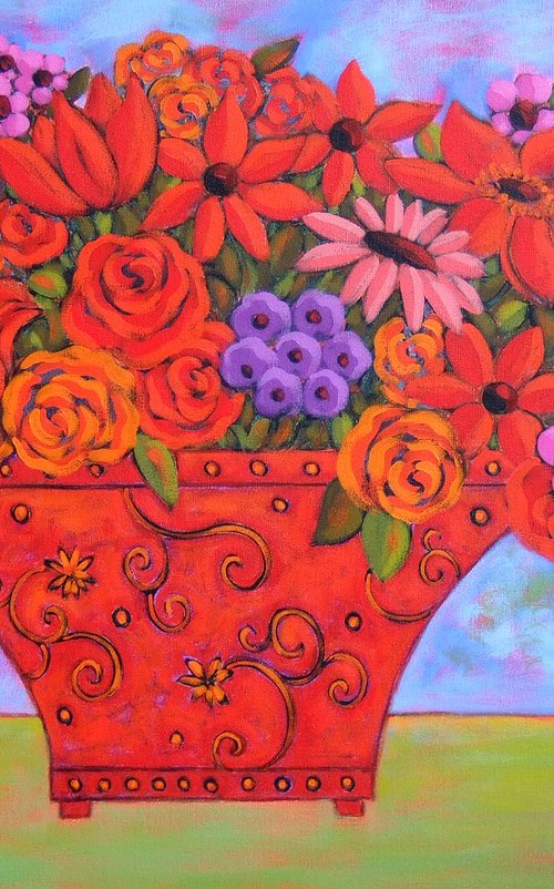 Mixed Bouquet with Red Vase by Karen Rieger