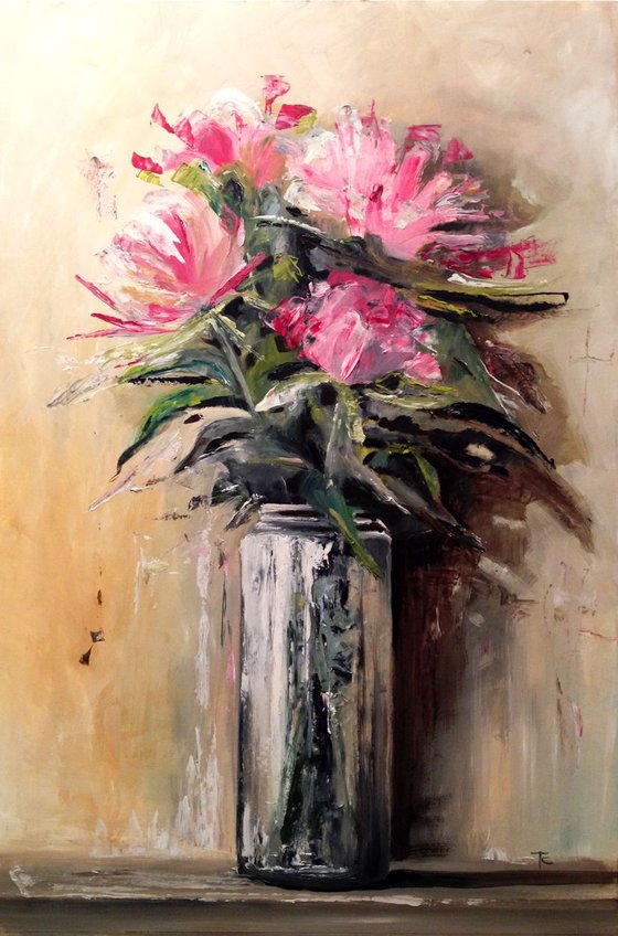 Flowers in a jar - original oil painting on paper on wood- 40 x 59 cm ( 16' x 23 ' )