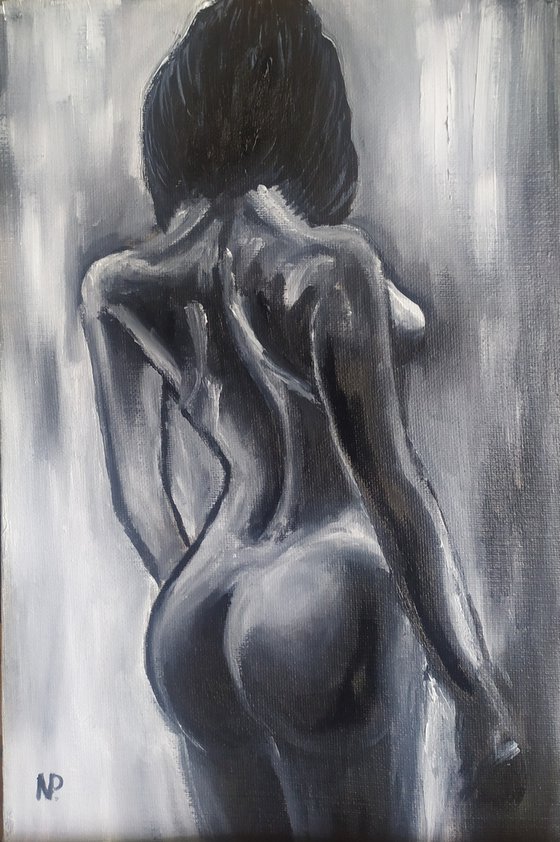 With him, original nude erotic black and white oil painting, Gift, art for bedroom