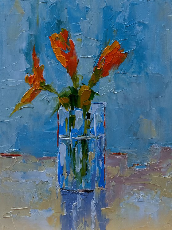 Abstract still life oil painting. Flowers in glass