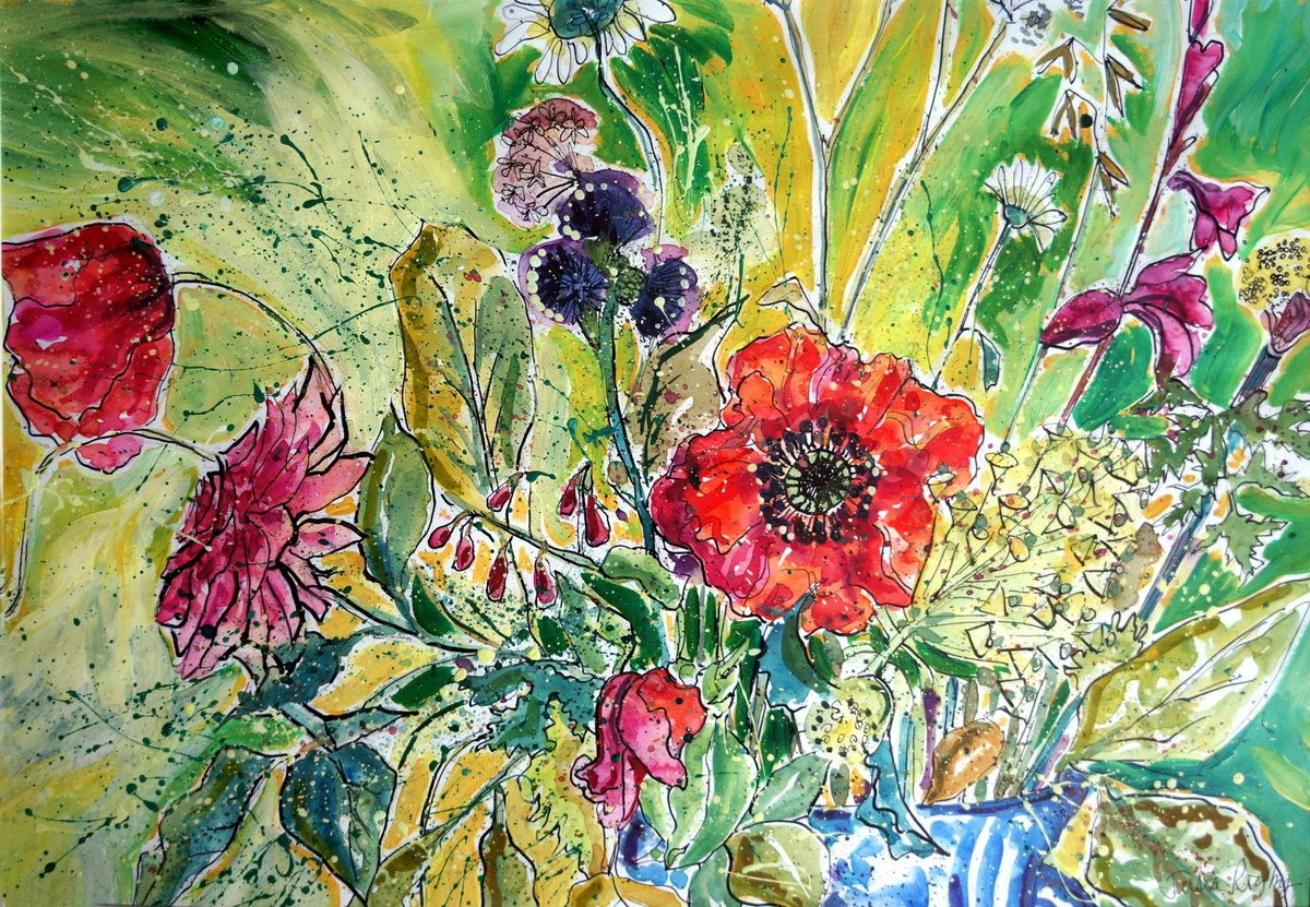 Impressionistic Botanical Watercolour By Julia Rigby, 18 X 13", Garden Flowers, Original Artwork