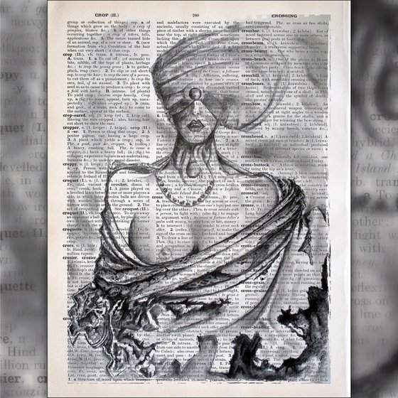 Surreal Girl - Collage Art on Large Real English Dictionary Vintage Book Page