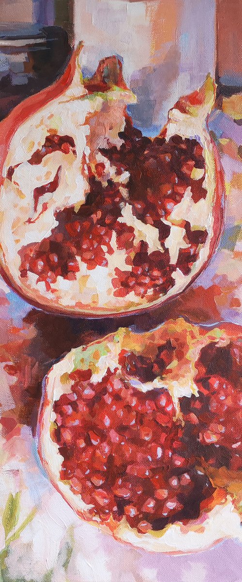 Pomegranate, original, one of a kind, impressionistic style still life painting (20x20x2'') by Alexander Koltakov
