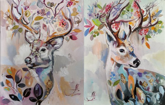 Animals set, Deer painting on canvas, Animals wall art, Boho painting