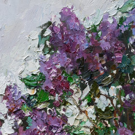 Blooming purple lilacs Original oil painting 90 x 90 cm