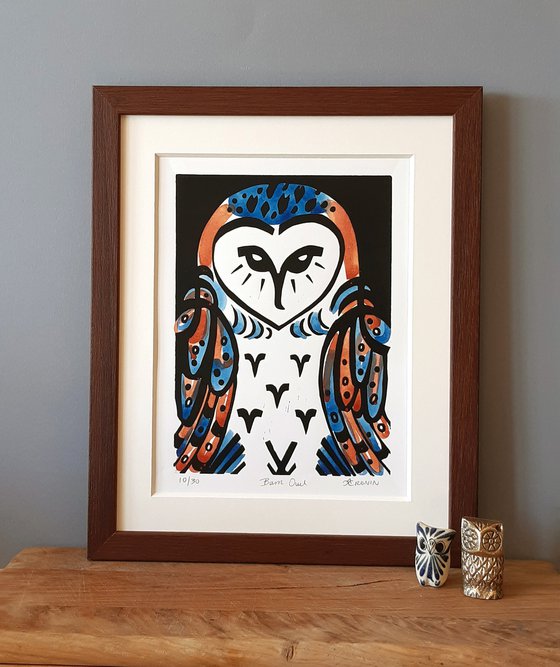 Framed Barn Owl limited edition linocut (coloured 10/30)