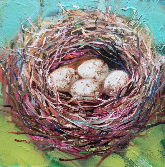 White eggs Bird nest oil painting original 4x4, Bird egg miniature Nest wall art framed, Small painting Easter gift