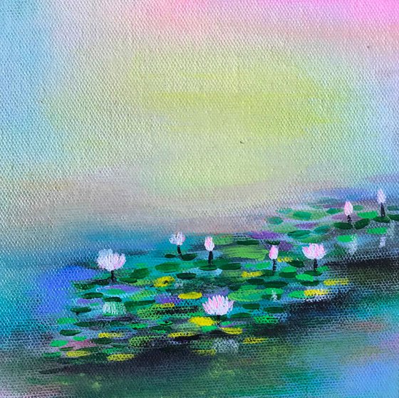 Another Water Lily Affair !! Abstract !! Small Painting !! Lily Pond !! mixed media painting !!