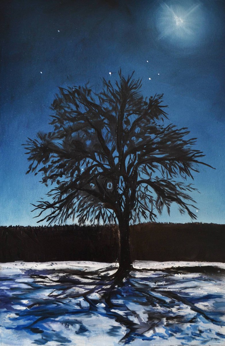 Landscape Oil Painting By Valeriia Radziievska, 16 X 24", Winter Moon, Original Artwork