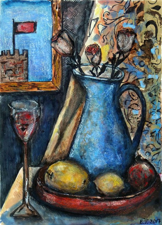 Still life with a blue jug and three roses