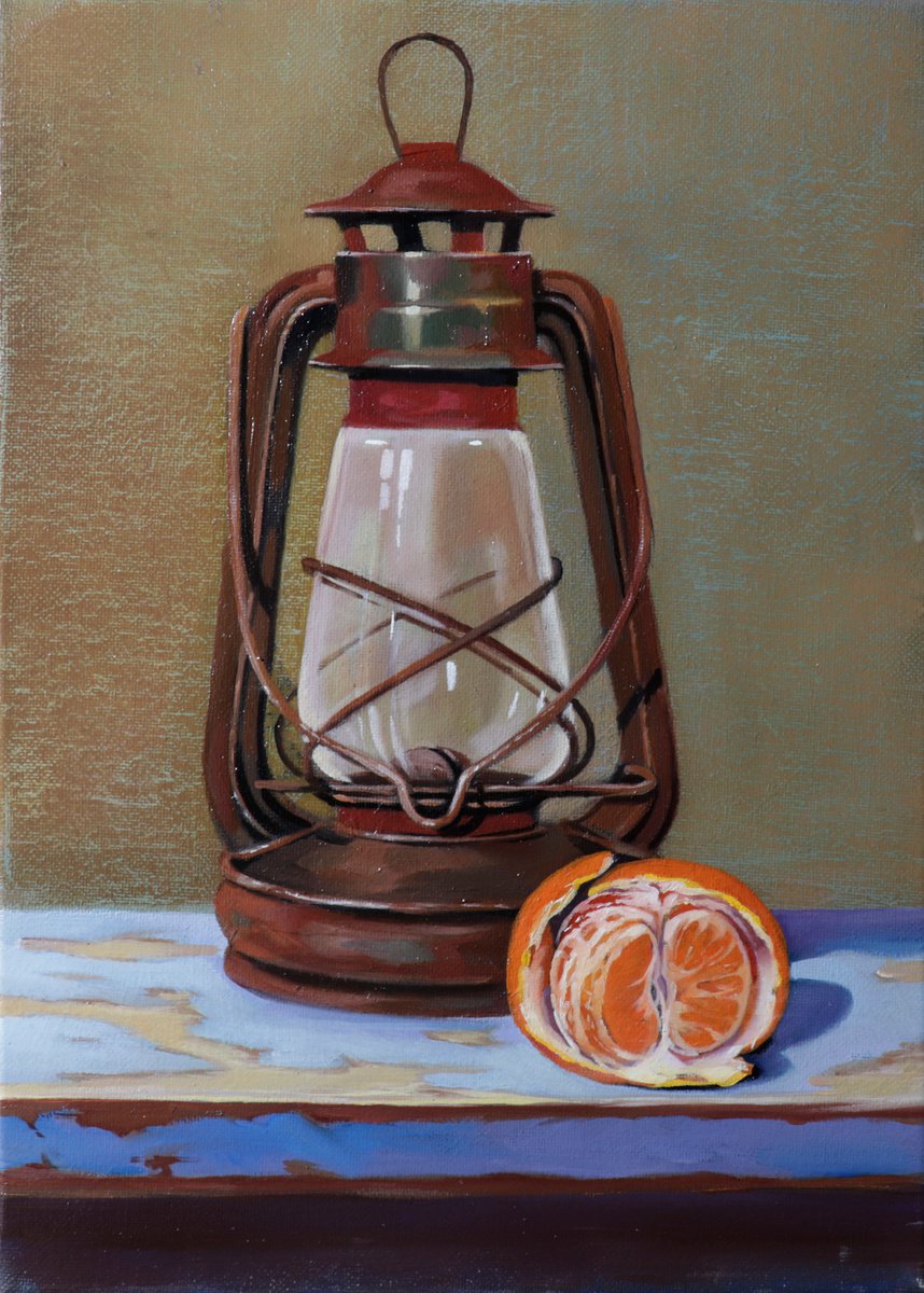 Photorealistic Still Life Oil Painting By Ara Gasparian, 7 X 9, Lamp And Mandarin, Original Artwork
