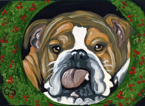 ACEO ATC Original Christmas Painting English Bulldog Dog Pet Art-Carla Smale