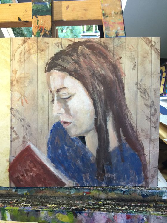 Girl Reading - Acrylic Oil On Paper - 12"x12"