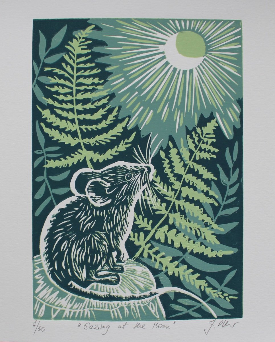 Graphic Animal Linocut By Joanna Plenzler, 8 X 10, Gazing At The Moon, Original Artwork