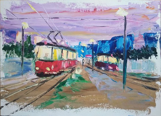 Streetcars in the evening city. Pleinair painting