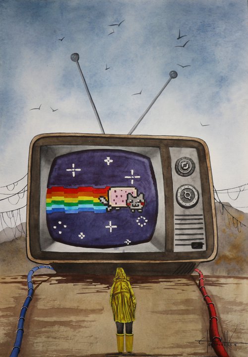 "Nyan cat" 2022 Watercolor on paper 60x42 by Eugene Gorbachenko