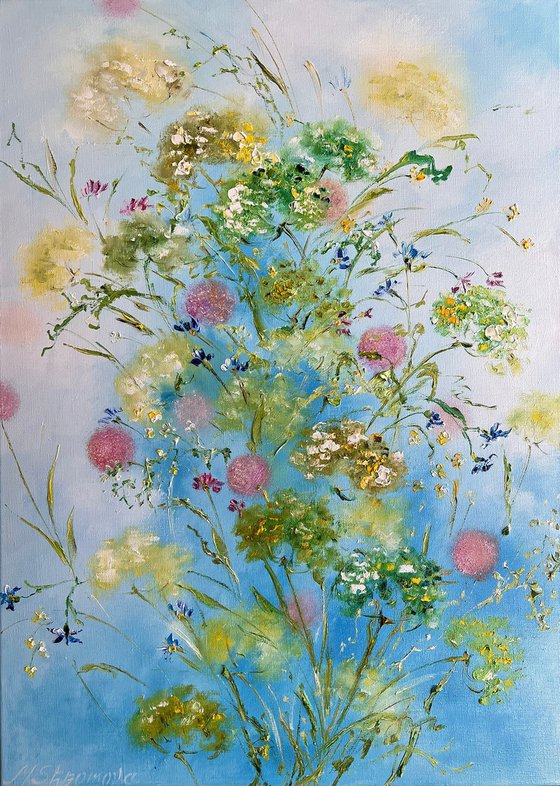 GENTLE MUSE - Wildflowers. Dandelions. Floral abstraction. Inspiration. Light blue. Extravaganza. Bouquet. Colorful.