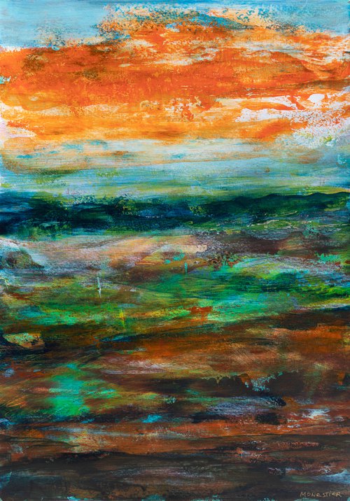 Orange cloud - knife painting on paper - abstract landscape by Fabienne Monestier