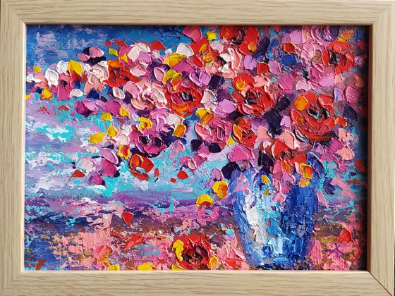 Red tint of flowers - painting, framed, flowers oil painting, bouquet, flowers, impressionism, palette knife, gift.