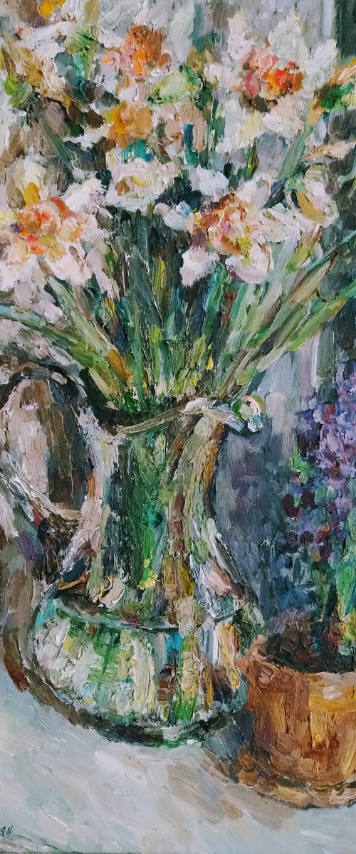 Hyacinth and daffodils. Original oil painting. by Elena Klyan