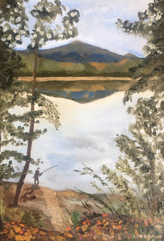Fishing beside a tranquil lake. An original oil painting