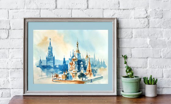 Architectural landscape "Red Square Ensemble in Moscow" original watercolor painting