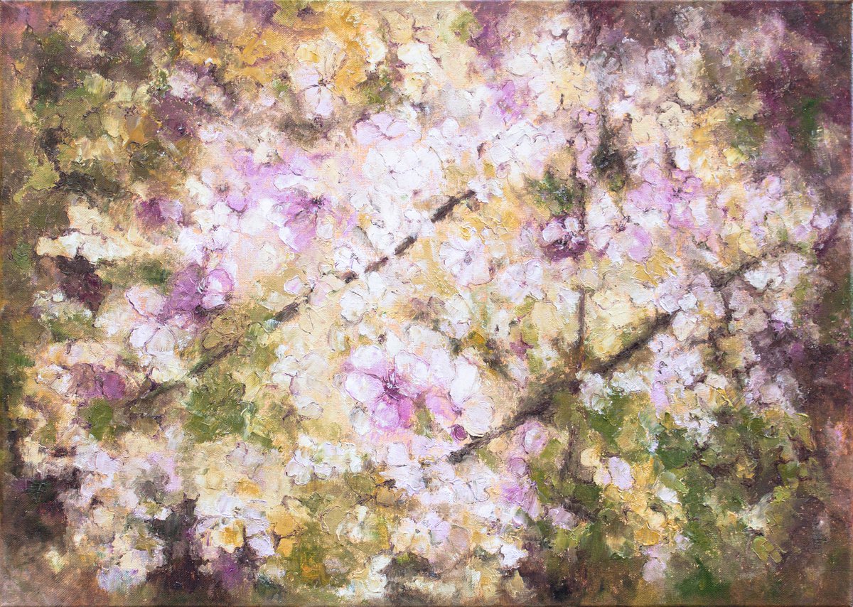 Impressionistic Botanical Oil Painting By Mila Moroko, 28 X 20", Cherry Fantasy, Original Artwork