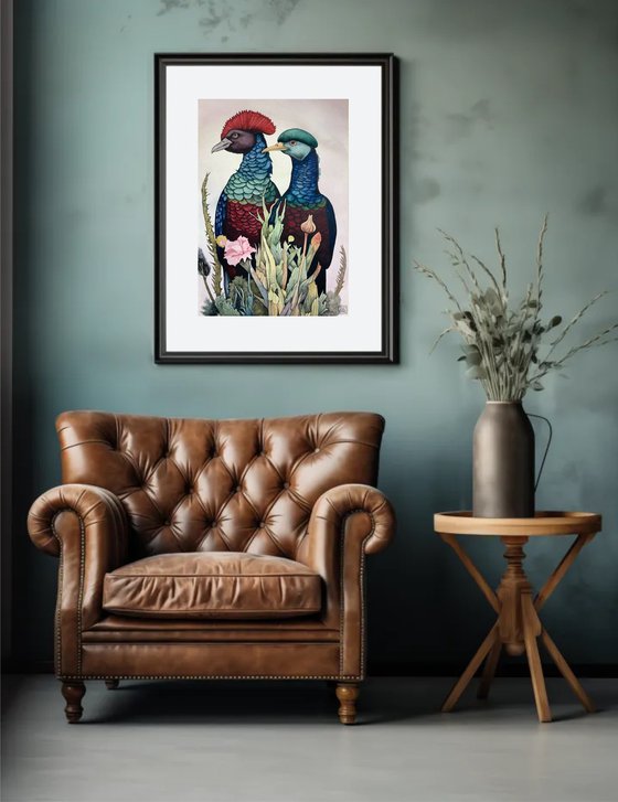 Red and Blue Crested Birds