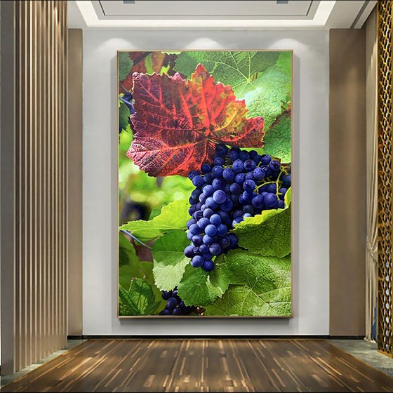 Photorealism oil painting:grape with leaves