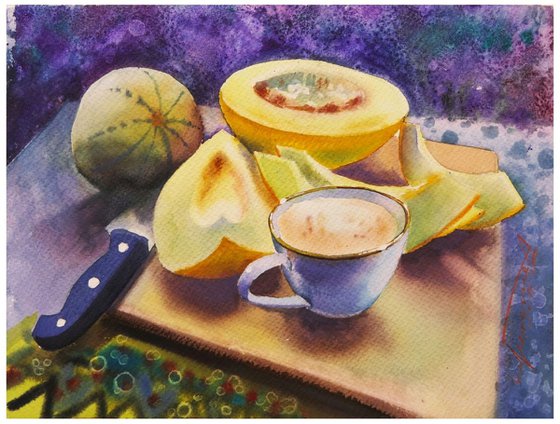 Melon and Cappuccino Still  Life Watercolor Painting